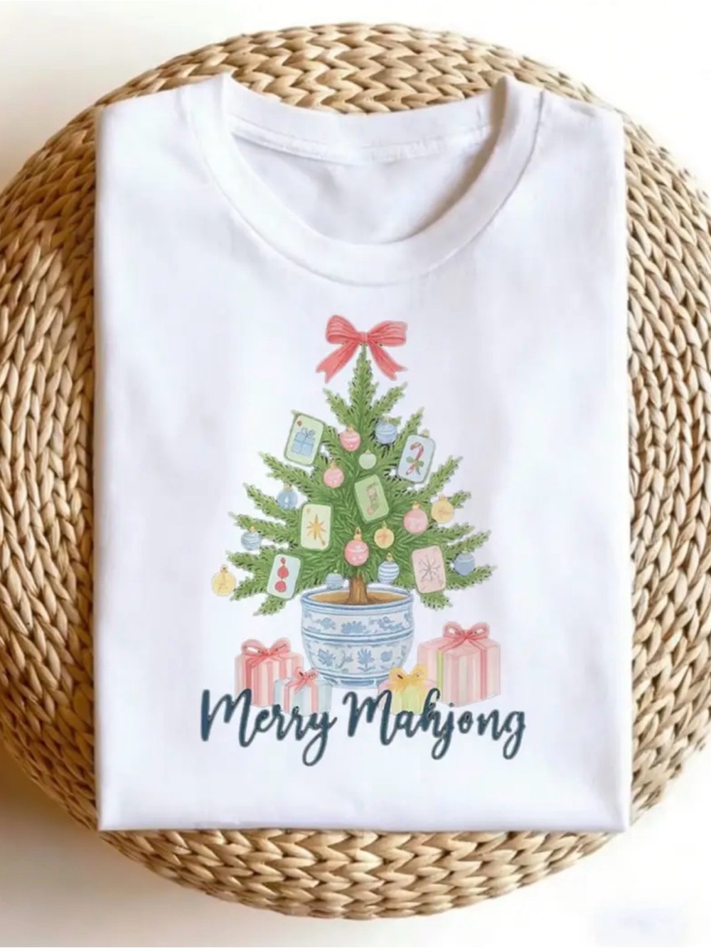 Merry Mahjong Holiday Tee - White with Pink & Green Tree Graphic